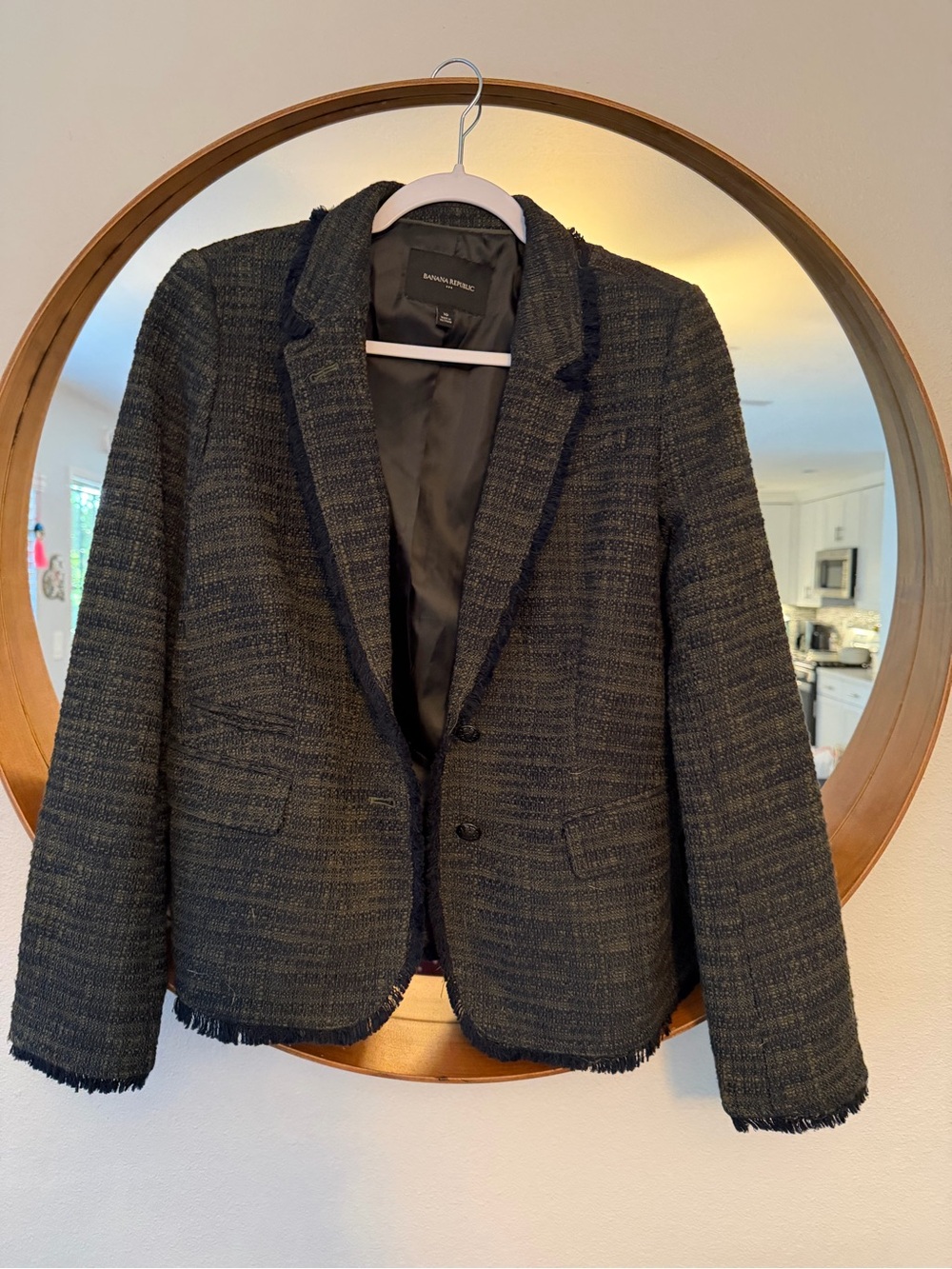 Banana Republic Black Charcoal Tweed Frayed-Trim Suit Jacket